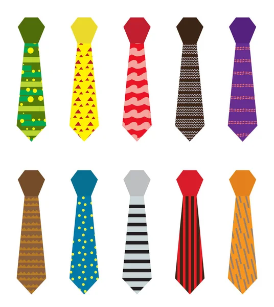 Set of multicolored ties with different patterns. Fathers day or mens fashion concept isolated on white background. Vector illustration. — Stock Vector