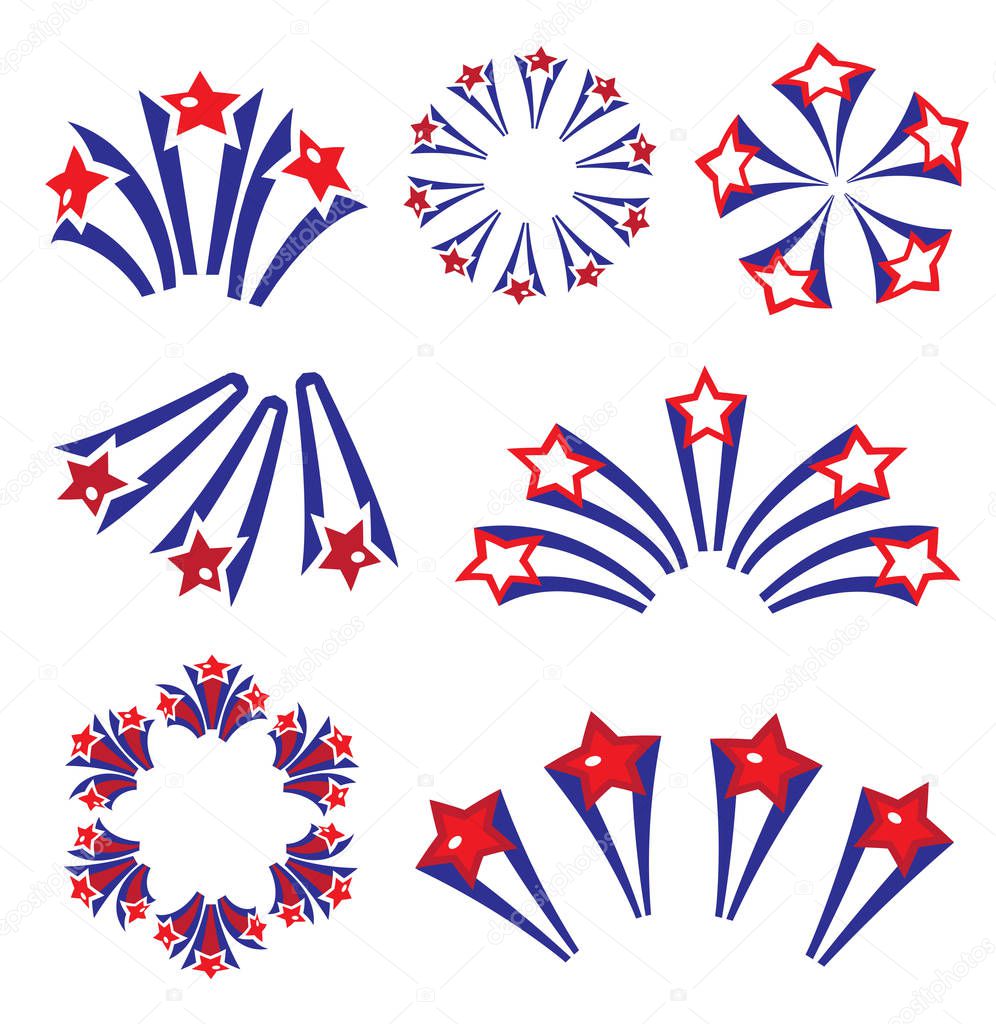 Fireworks, salute in traditional colors USA set of elements for your design. Americas Independence Day, July 4, concept. Vector illustration.