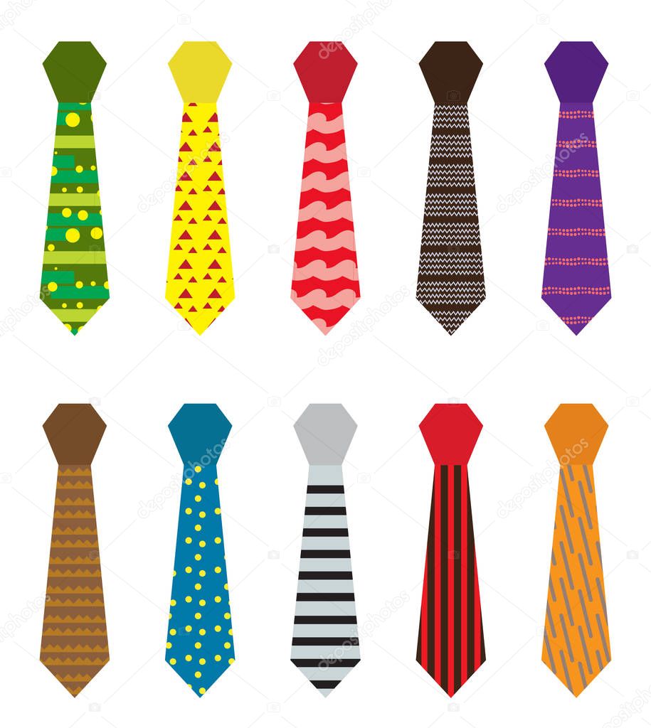 Set of multicolored ties with different patterns. Fathers day or mens fashion concept isolated on white background. Vector illustration.