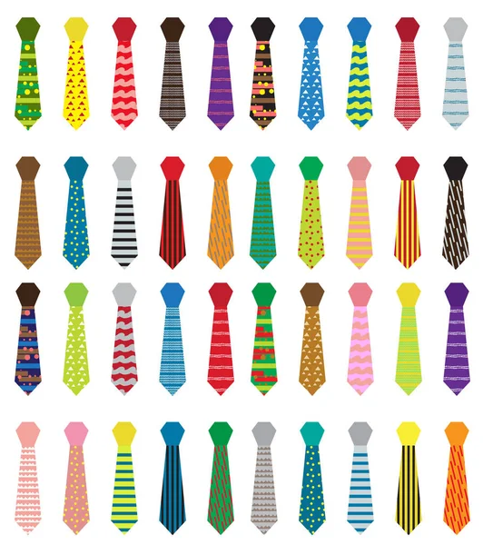 Mehrfarbige Krawatten mit unterschiedlichen Mustern. Vatertag oder Männermodekonzept isoliert auf weißem Hintergrund. Vektorillustration. — Stockvektor
