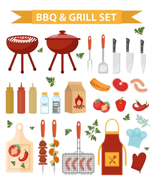 Barbecue and grill icons set, flat or cartoon style. BBQ collection of objects, elements of design. Isolated on white background. Vector illustration. — Stock Vector