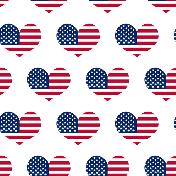 Amerikai függetlenség napja varrat nélküli mintát. Július 4-én, egy végtelen háttérrel. USA-ban nemzeti ünnep ismétlődő textúra zászló szívvel. Vektoros illusztráció. — Stock Vector