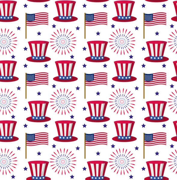 Unabhängigkeitstag Amerikas nahtloses Muster. 4. Juli ein endloser Hintergrund. Der Nationalfeiertag in den USA wiederholt Textur mit traditionellen Symbolen. Vektorillustration. — Stockvektor