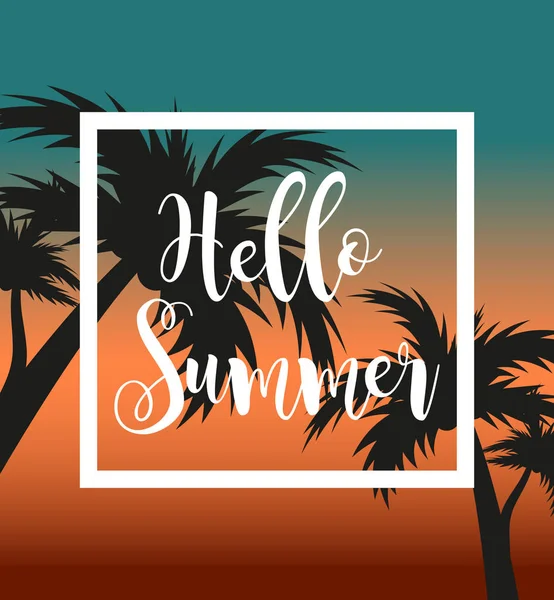 Hola plantilla de verano para cartel en marco blanco sobre un fondo de puesta de sol y palmeras. Concepto de playa, vacaciones, vacaciones junto al mar. Ilustración vectorial . — Vector de stock