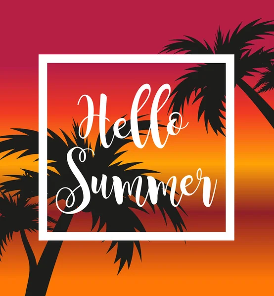 Olá modelo de verão para cartaz em quadro branco em um fundo de pôr-do-sol e palmeiras. Conceito de praia, férias, férias à beira-mar. Ilustração vetorial . — Vetor de Stock
