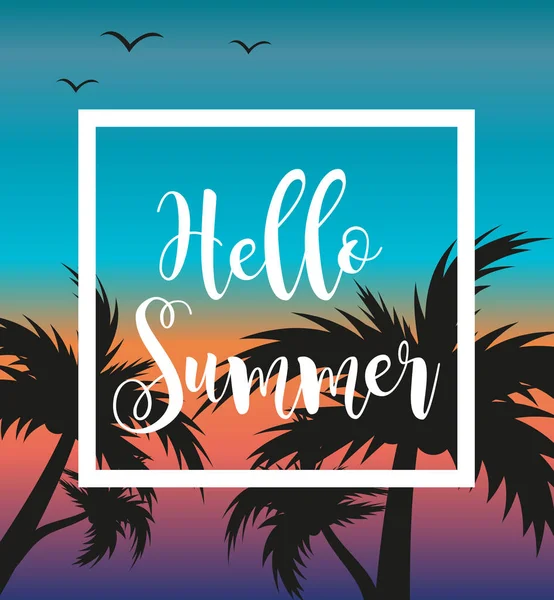 Hola plantilla de verano para cartel en marco blanco sobre un fondo de puesta de sol y palmeras. Concepto de playa, vacaciones, vacaciones junto al mar. Ilustración vectorial . — Vector de stock