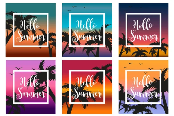 Hola verano establece la plantilla para el cartel en un marco blanco sobre un fondo de puesta de sol y palmeras. Colección de concepto de playa, vacaciones, vacaciones junto al mar. Ilustración vectorial . — Vector de stock