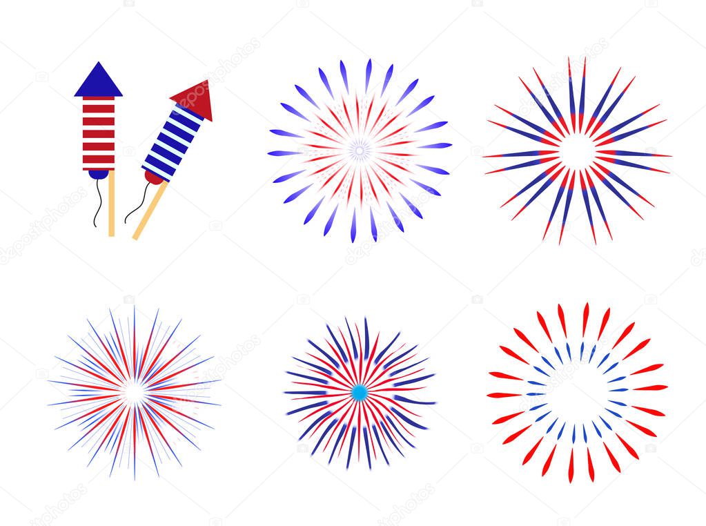 Fireworks, salute in traditional colors USA set of elements for your design. Americas Independence Day, July 4, concept. Vector illustration.