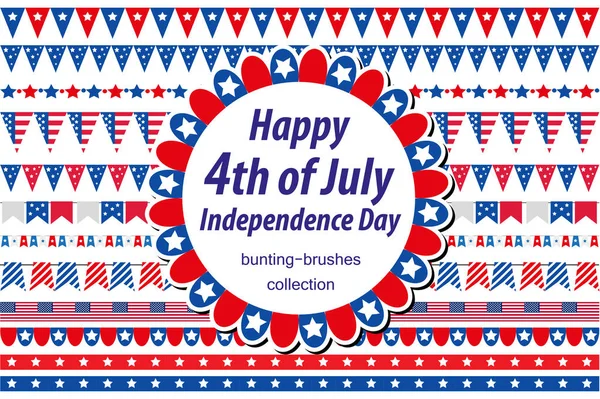Amerikai függetlenség napja, ünnepe, az USA-ban. Állítsa be a határok, sármány, zászlók, garland. Július 4-én nemzeti ünnep díszítő elemek gyűjteménye. Vektoros illusztráció, ClipArt-elemek felvétele. — Stock Vector