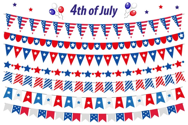 American Independence Day, oslava v USA, set bunting, vlajky, věnce. Kolekce dekorativních prvků pro 4. červenec národního svátku. Vektorová ilustrace, kliparty. — Stockový vektor