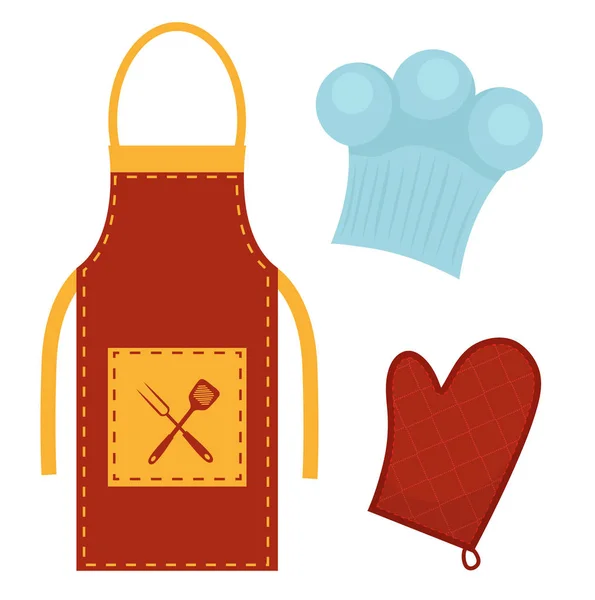 Ensemble de cuisine avec tablier, casquette de cuisson, porte-pot. Vêtements pour la cuisine, concept de restaurant. L'uniforme des chefs. Isolé sur fond blanc. Illustration vectorielle . — Image vectorielle