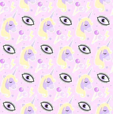 Sihirli tek boynuzlu at deseni. Modern peri masalı, sonu gelmeyen dokular, büyülü yinelenen arka planlar. Şirin bebek arka planları. Vektör illüstrasyonu.