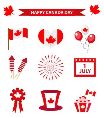 Mutlu Kanada Günü simgeleri, tasarım elemanları, düz stil. Kanada Ulusal Bayram Günü 1 Temmuz Havai fişek, bayrak, şapka, balon ve amblemli nesneler. Vektör illüstrasyonu.