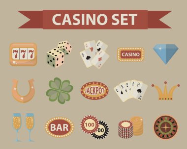 Casino simgeler, vintage tarzı. Beyaz bir arka plan üzerinde izole kümesi kumar. Poker, kart oyunları, tek kollu haydut, rulet tasarım öğeleri koleksiyonu. Vektör çizim, küçük resim.