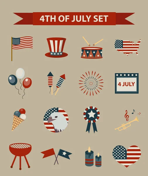 Vintage stijlenset van patriottische iconen Independence Day of America. 4 juli-verzameling ontwerpelementen, geïsoleerd op een witte achtergrond. Vectorillustratie, illustraties. — Stockvector