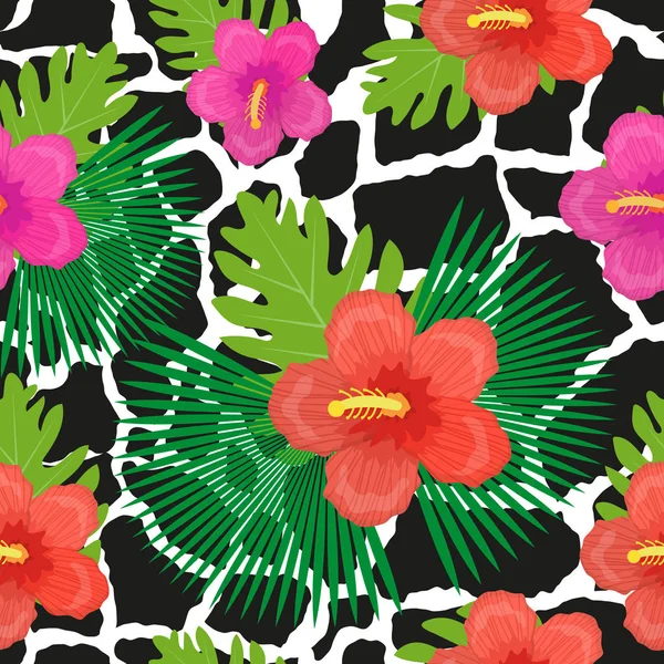 熱帯の花、植物、葉、動物の皮のシームレスなパターン。夏無限の花の背景。パラダイス反復テクスチャ。エキゾチックな背景。ベクトル図. — ストックベクタ