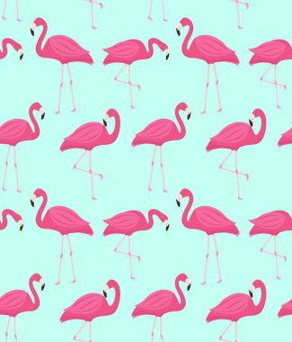Pembe flamingo seamless modeli. Yinelenen doku yaz tropikal sonsuz arka plan. Vektör çizim.