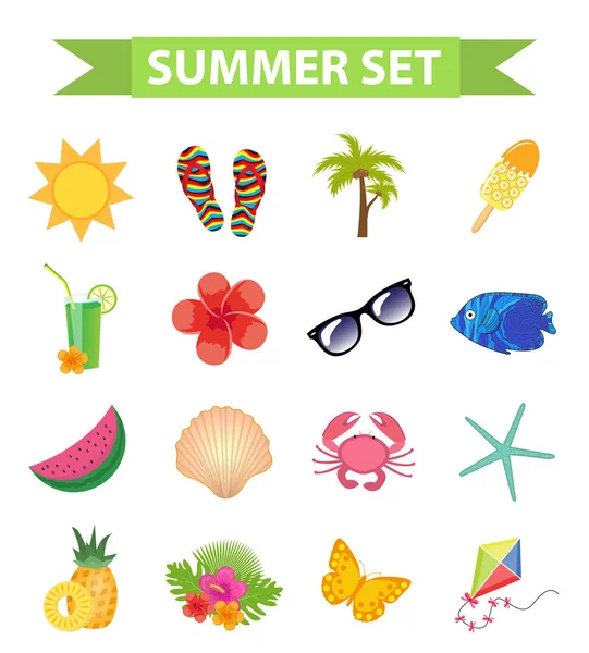 Hello summer icon set, flat, cartoon style. Пляж, курортная коллекция элементов дизайна. Изолированный на белом фоне. Векторная иллюстрация, клип-арт. — стоковый вектор