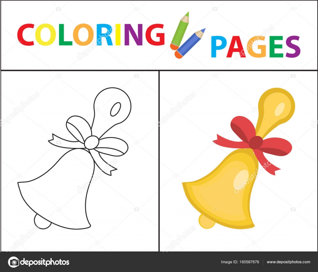 Pagina del libro da colorare Campanella della scuola Versione di contorno e il colore di schizzo Colorare per bambini Educazione dei bambini