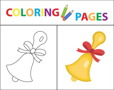 Boyama kitabı sayfası. Okul zili. Kroki anahat ve renk sürümü. Çocuklar için boyama. Çocuk eğitim. Vektör çizim.