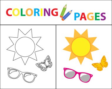 Boyama kitabı sayfası. Yaz hazır, gözlük, güneş, kelebek. Kroki anahat ve renk sürümü. Çocuklar için boyama. Çocuk eğitim. Vektör çizim.