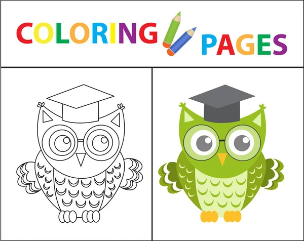 Libro para colorear página. Búho sabio con gafas. Bosquejo esquema y la versión en color. Colorear para niños. Educación infantil. Ilustración vectorial . — Vector de stock