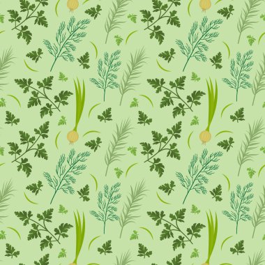 Otlar seamless modeli. Maydanoz, dereotu, razmarin sonsuz arka plan doku. Sebze zemin vektör çizim.