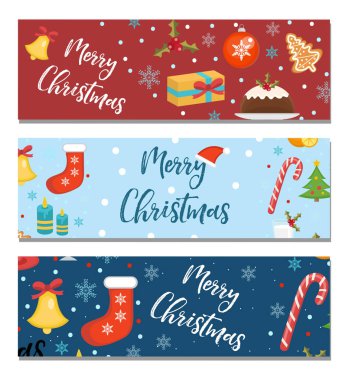 Mutlu Noeller pankartlar. Tasarımınız için bir şablon. Kış tatili koleksiyonu, uzun pano, poster, broşür. Düz stil. Vektör illüstrasyonu.