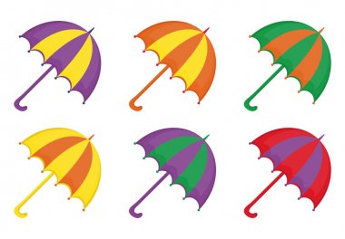Şemsiye simgesi seti, düz ya da çizgi film tarzı. Sahilde çok renkli şemsiye koleksiyonu. Beyaz arka planda izole edilmiş. Vektör illüstrasyonu.