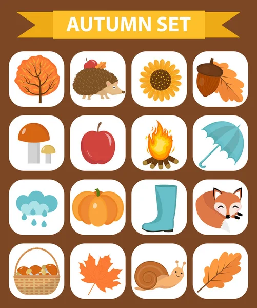 Hösten ikoner som platt eller tecknade stil. Collection designelement med gula blad, träd, svamp, pumpa, vilda djur, paraply och stövlar. Isolerade på vit bakgrund. Vektorillustration. — Stock vektor