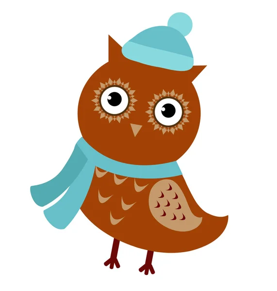 Gufo dei cartoni animati isolato su sfondo bianco. Uccello carino con cappello e sciarpa, tema autunnale. Illustrazione vettoriale. — Vettoriale Stock