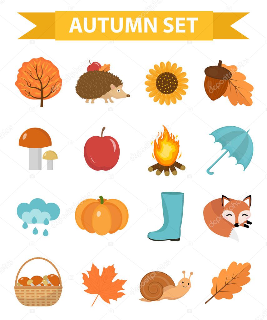 Autumn icons set flat or cartoon style.Collection design elements with yellow leaves, trees, mushrooms, pumpkin, wild animals, umbrella and boots. Isolated on white background. Vector illustration.