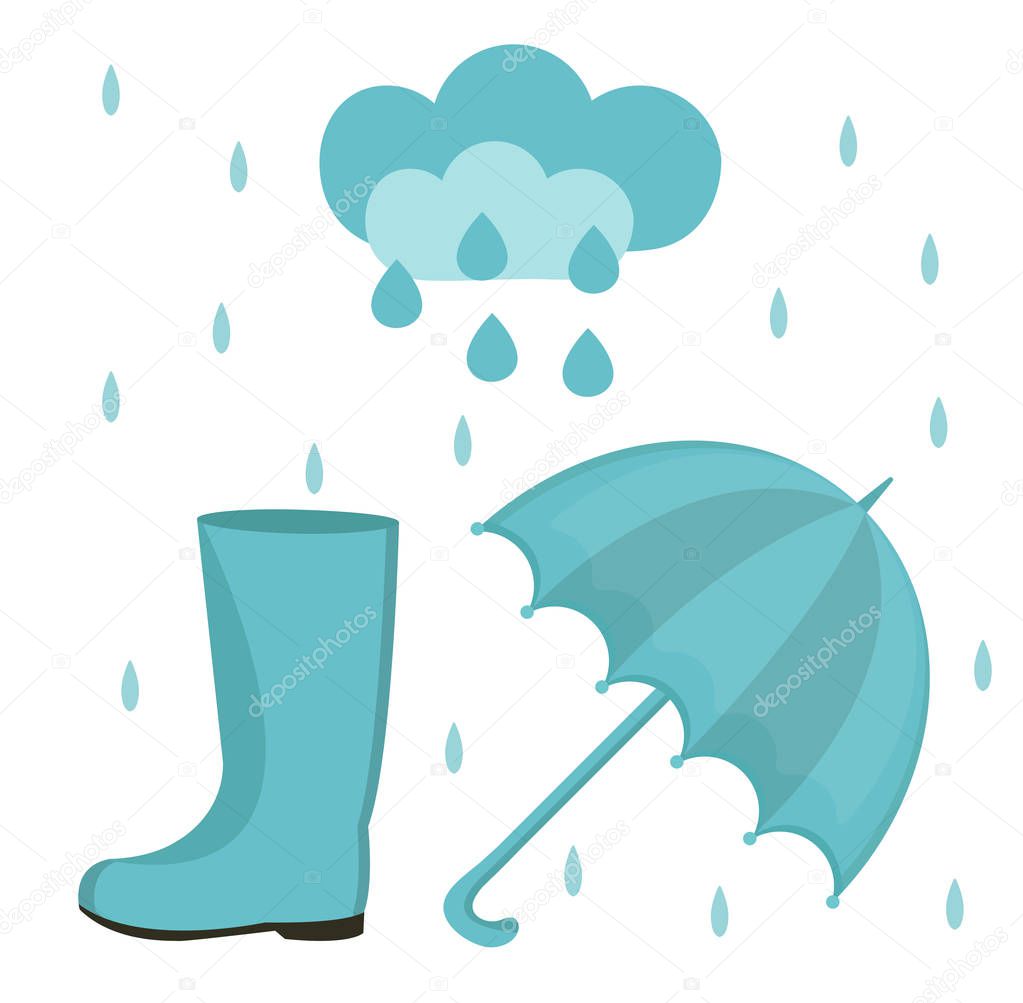 Rain set of flat or cartoon style. Autumn collection with umbrella, cloud, rubber boots. Isolated on white background. Vector illustration.