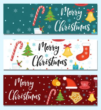 Mutlu Noeller pankartlar. Tasarımınız için bir şablon. Kış tatili koleksiyonu, uzun pano, poster, broşür. Düz stil. Vektör illüstrasyonu.