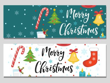 Mutlu Noeller pankartlar. Tasarımınız için bir şablon. Kış tatili koleksiyonu, uzun pano, poster, broşür. Düz stil. Vektör illüstrasyonu.