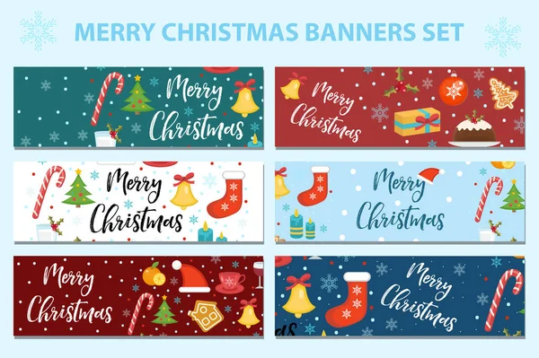 Merry Christmas set of banners, template with space for text for your design. Winter holiday collection long board, poster, flyer. Flat style. Vector illustration. — Stock Vector