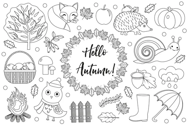 Hello őszi ikonok beállítása vázlat, kézi rajz, doodle stílus. Gyűjtemény design elemek, levelek, fák, gombával, tök, vadon élő állatok, esernyő és csizma. Vektoros illusztráció. — Stock Vector