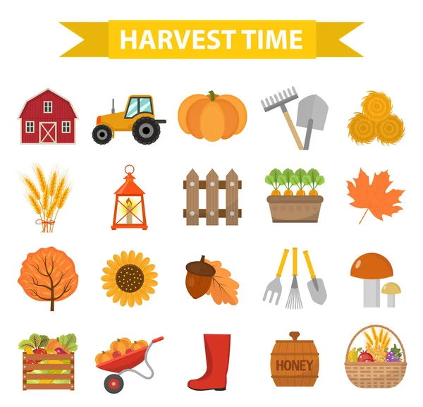 Sonbaharda hasat zaman simgeleri düz çizgi film tarzı ayarlayın. Koleksiyon öğeleri tasarım hasat. Çiftlik, Şükran günü kavramı, argoticulture. Beyaz arka plan üzerinde izole. Vektör çizim