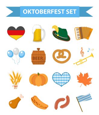 Oktoberfest simgesi seti, düz ya da çizgi film tarzı. Geleneksel sembollerin toplandığı Ekim festivali, bira, yemek ve kepli tasarım elementleri. Beyaz arka planda izole edilmiş. Vektör illüstrasyonu.
