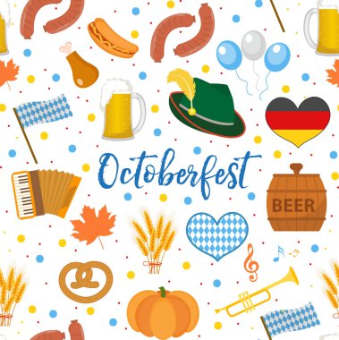 Oktoberfest kusursuz desen. Almanya 'da Ekim festivali bitmek bilmiyor. Dokuları bira, sosis ve geleneksel sembollerle tekrarlıyor. Vektör illüstrasyonu.