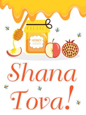 Tebrik kartı için Yahudi yeni yılı Rosh Hashanah, Shana Tova. Bal ve elma, nar. Vektör çizim