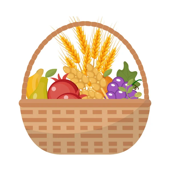 Λαχανικά και φρούτα σε ένα ψάθινο καλαθάκι εικονίδιο επίπεδου στυλ. Απομονωμένο σε λευκό φόντο. Εικονογράφηση διανύσματος — Διανυσματικό Αρχείο