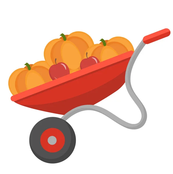 Kruiwagen met pompoenen, pictogram platte stijl. Geïsoleerd op witte achtergrond. Vectorillustratie — Stockvector