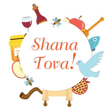 Yahudi Yeni Yılı 'na simgeler koyun, Rosh Hashanah, Shana Tova. Metin için çerçeve. Tebrik kartı. Vektör illüstrasyonu.