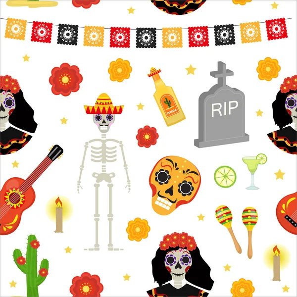 Hari libur mati di Meksiko pola mulus dengan tengkorak gula. Latar belakang tengkorak tak berujung. Dia de Muertos mengulangi teksturnya. Ilustrasi vektor . - Stok Vektor