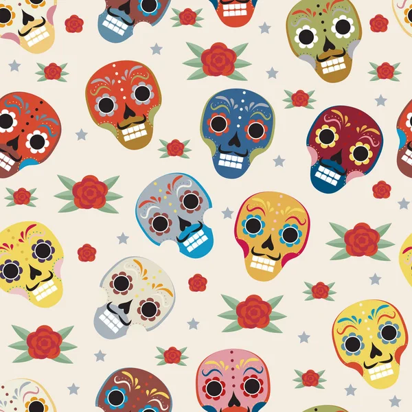 Día de la fiesta muerta en México patrón sin costuras con calaveras de azúcar. Esqueleto sin fin de fondo. Dia de Muertos repitiendo textura. Ilustración vectorial . — Vector de stock