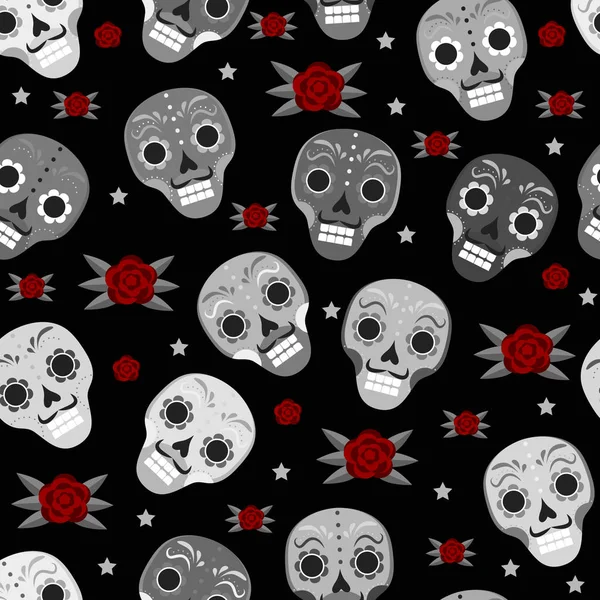 Day of the dead holiday in Mexico seamless pattern with sugar skulls. Skeleton endless background. Dia de Muertos repeating texture. Vector illustration. — Stock Vector