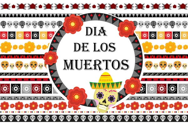 Day of the dead Mexican holiday set of patterned brushes. Dia de los muertos border for your design. Isolated on white background. Vector illustration. — Stock Vector