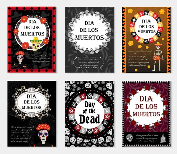 Dag av dead set flyer, affisch, inbjudan med rosor, skelett och sugar skulls. Dia de Muertos kort mallar samling för din design. Semester i Mexiko koncept. Vektorillustration. — Stock vektor