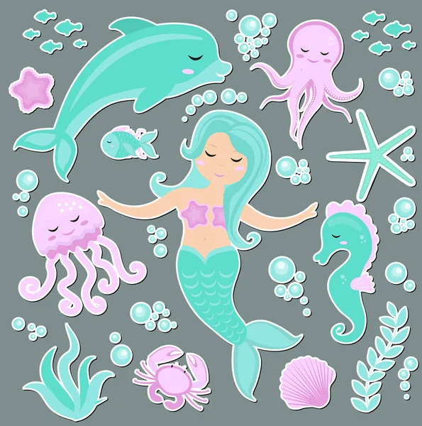 Conjunto elegante bonito de emoji adesivos, emblemas patches Pequena Sereia e do mundo subaquático. Princesa de conto de fadas sereia e golfinho, polvo, peixe, água-viva. Ilustração vetorial . —  Vetores de Stock